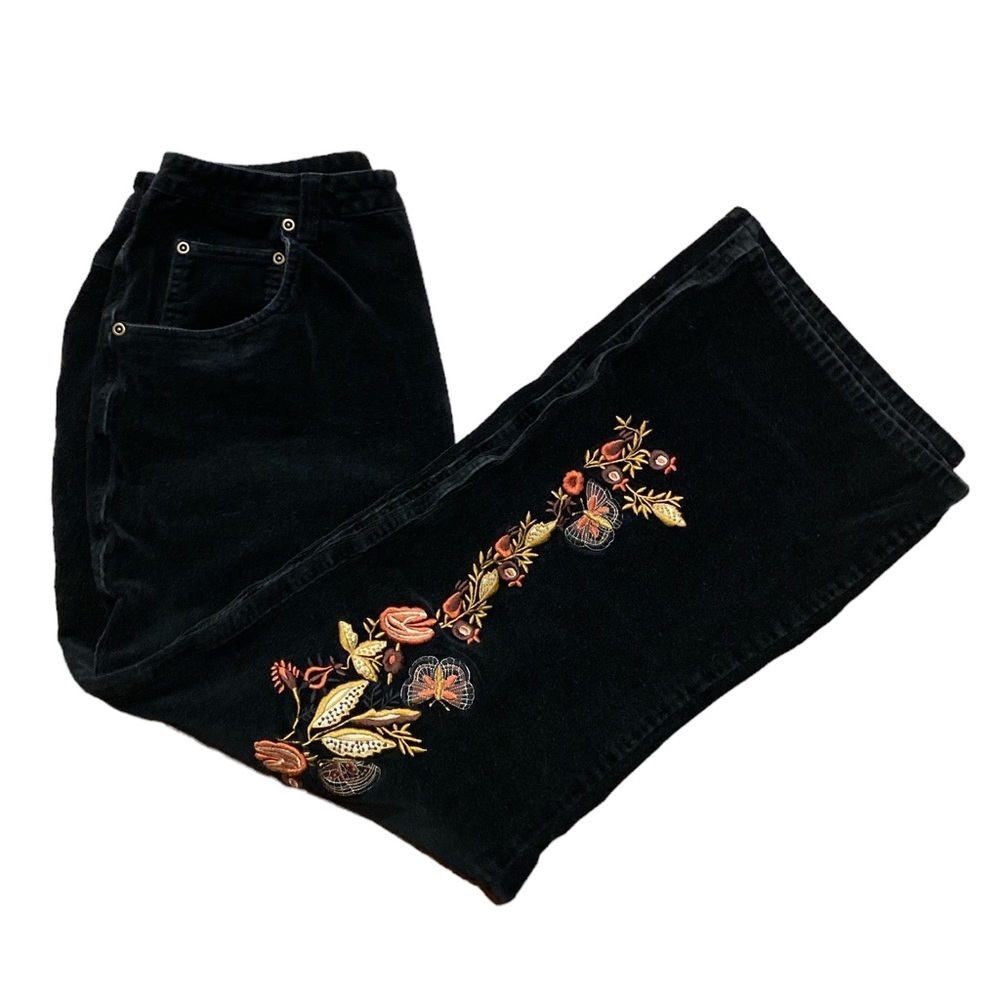 Denim & Co. Black Corduroy Pants with Fall Embroidery | Size 16, 26” Inseam
